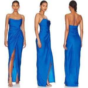 Revolve GAUGE81 Shiroi Silk Draped Long Dress Cross-Back Straps Blue